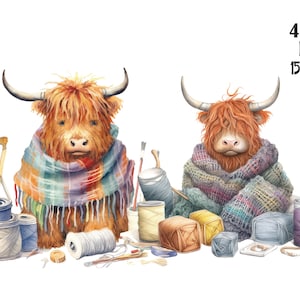 Knitting Clipart PNG Watercolor Yarn Ball Cute Highland Cow Sublimation Digital Downloads