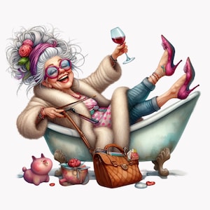 Grappige oma drinkt wijn clipartbundel, omafeestje png, oude dame wijnkunst, digitale download, afdrukbare muurkunst, 10 png