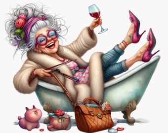 Funny Grandma Drinking Wine Clipart Bundle, Granny Party Png, Old Lady Wine Art, Digital Download, Printable Wall Art, 10 PNG
