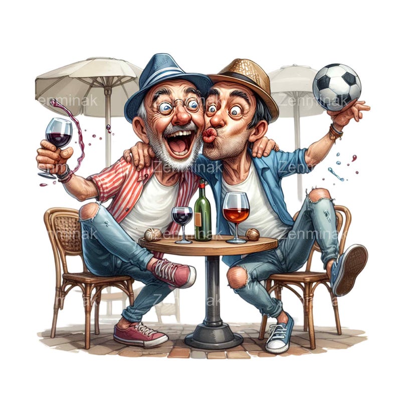 May include: Two men sitting at a table outdoors, one is holding a soccer ball and the other is holding a glass of red wine. They are both smiling and looking at each other.