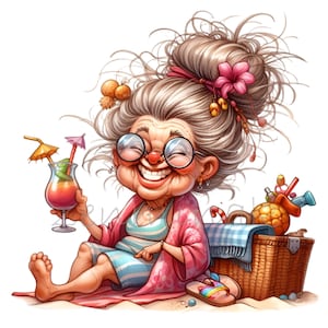 Ältere Dame Strand Szene 14 PNG lustige Comics Crazy Oma Cartoon Illustration Clipart, Sublimation druckbare Illustration