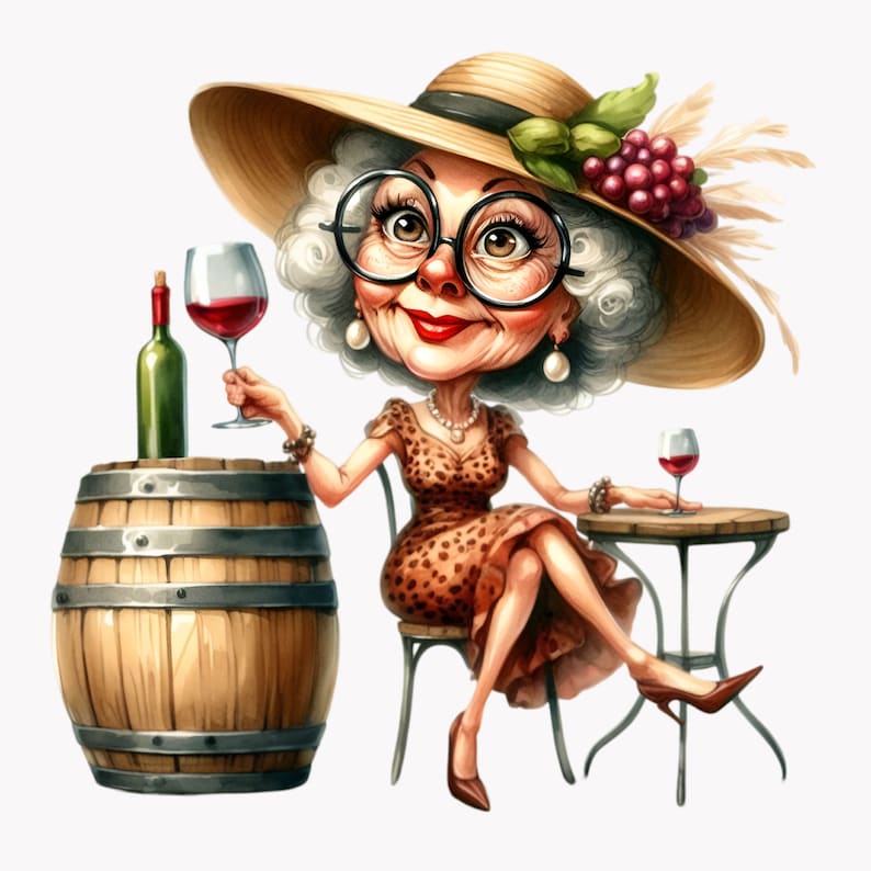 Funny Grandma Drinking Wine Clipart Bundle, Wine Tasting Png, Barrel