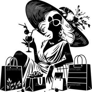 5 file di taglio SVG di donna di lusso, donna con clipart di cocktail, elegante silhouette di acquirente, arte digitale di moda glamour