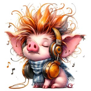 12 simpatici maialini PNG Clipart con cuffie e capelli arancioni, illustrazione di animali musicali, stampa artistica di musica funky