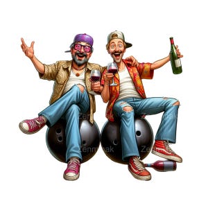 20 divertidos hombres de bolos PNG Clipart – Amigos bebiendo vino con barba y gorra – Ilustración deportiva de fiesta de dibujos animados