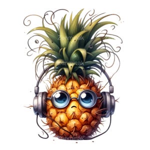 10 fantastiche clipart di ananas PNG, frutta divertente con cuffie e occhiali, arte di personaggi tropicali stravaganti