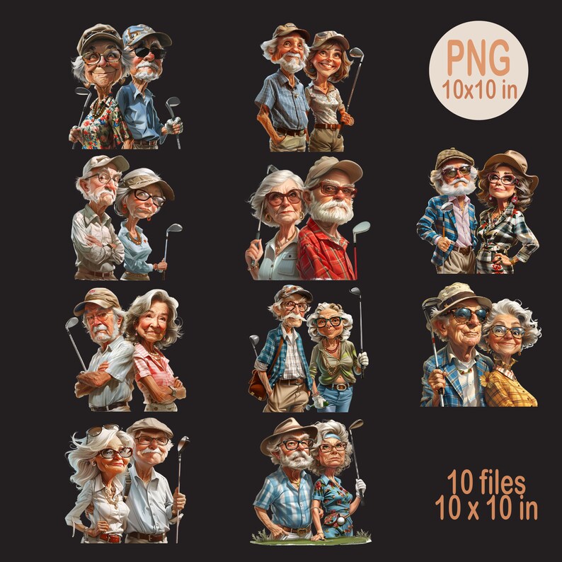 May include: Ten digital illustrations of couples, each with a different style and color scheme. The couples are all elderly and are depicted playing golf. The illustrations are in a cartoon style and are set against a dark background.