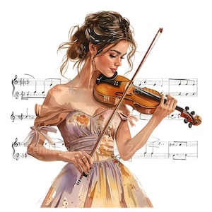 May include: Watercolor illustration of a person playing a violin. The violin is a warm brown color, and the person is wearing a dress with floral accents. Musical notes are in the background.