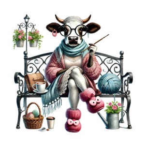 15 imágenes prediseñadas PNG de vacas tejidas, diseño digital elegante de animales de granja, ilustración de vaca en rosa y azul, arte elegante de elaboración de vacas