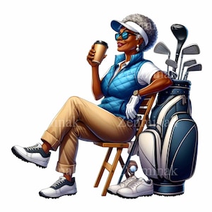 Senior African American Lady Golfer PNG / 10 Cool Golf Art / Donna rilassata che gioca a golf con illustrazione di caffè