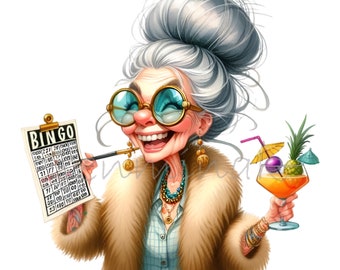 Cheerful Senior Lady Playing Bingo Illustration | 18 Fun Clipart | Elderly Woman with Cocktail PNG | Bingo Night Art