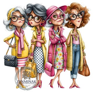 Peut inclure: Une illustration numérique de quatre femmes stylisées portant des lunettes et des tenues colorées, dont un pull jaune, un trench jaune, un manteau rose avec une jupe fleurie et un gilet jaune avec un jean, avec un filigrane Zenminak.