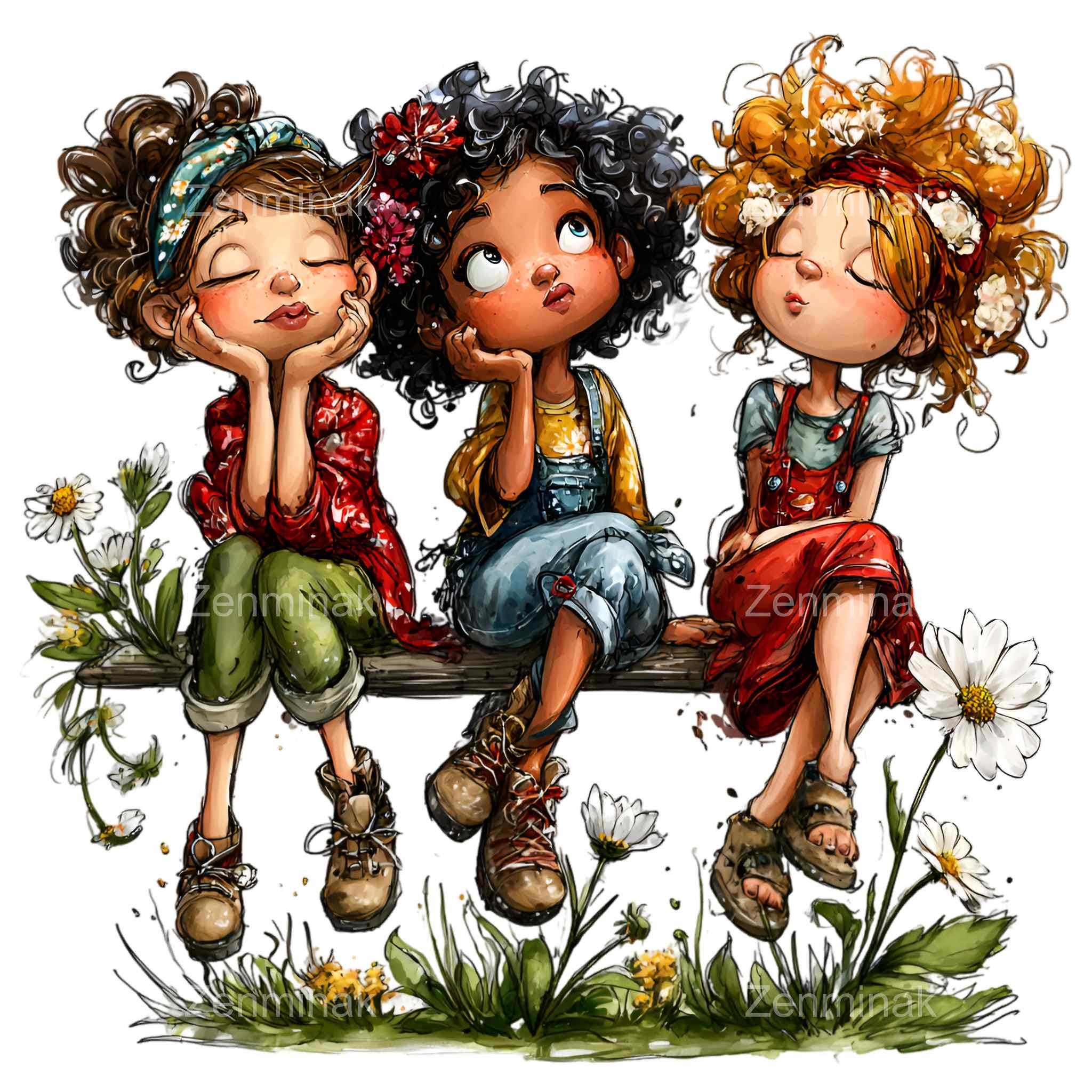 ❤️HAPPY FOR YOU❤️ 3セット 14 PNG Friends Clipart Watercolor Girls, Three Sisters