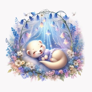 10 imágenes PNG de hurones durmiendo: adorable hurón bebé en pijama bajo un dosel floral con estrellas y flores pastel. Arte infantil con animales.