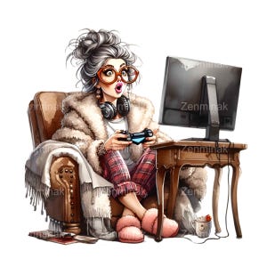 14 Funny Gamer Grandma PNG, Clip Art de Mulher Idosa para Jogos, Ilustração Digital para Sublimação e Artesanato