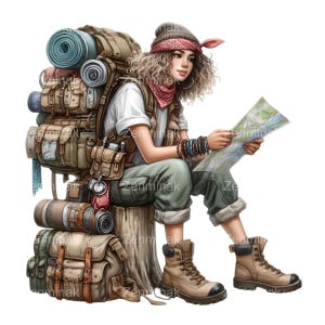 Dibujos animados de niña de senderismo PNG - 10 imágenes prediseñadas de mapa de lectura de mochilera femenina para descarga digital de aventuras y campamentos