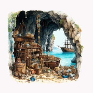 May include: A wooden ship's cabin filled with treasure and artifacts, including barrels, bottles, and a lantern. The cabin is located in a rocky cave overlooking a turquoise ocean.