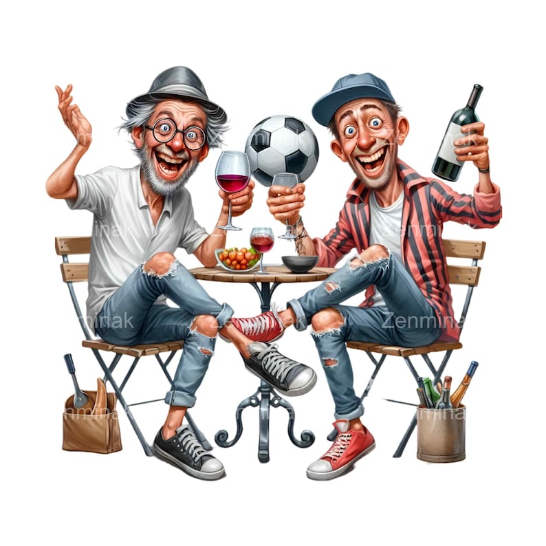 May include: Two men sitting at a table outdoors, drinking wine and enjoying a soccer ball. One man is wearing a red and white striped shirt and a blue baseball cap. The other man is wearing a white shirt and a black fedora. They are both wearing jeans.
