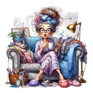 Crafting Grandma 12 PNG Clipart | Ilustração de avó divertida com café e suprimentos de costura | Perfeito para decoração de sala de artesanato