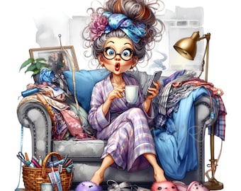 Crafting Grandma 12 PNG Clipart | Fun Granny with Coffee and Sewing Supplies Illustration | Perfect for Craft Room Decor