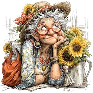 May include: Illustration of an elderly person with white hair, wearing a straw hat with a red polka dot ribbon and large red glasses. The person is smiling and leaning on their hand, with sunflowers and a red tote bag in the background.