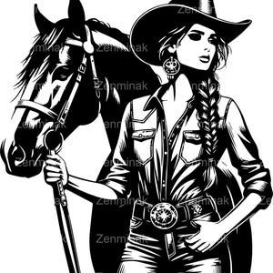 5 Cow-girl SVG avec cheval fichier SVG – femme occidentale au chapeau avec tresse et boucle de ceinture – Clipart ranch de rodéo à la ferme