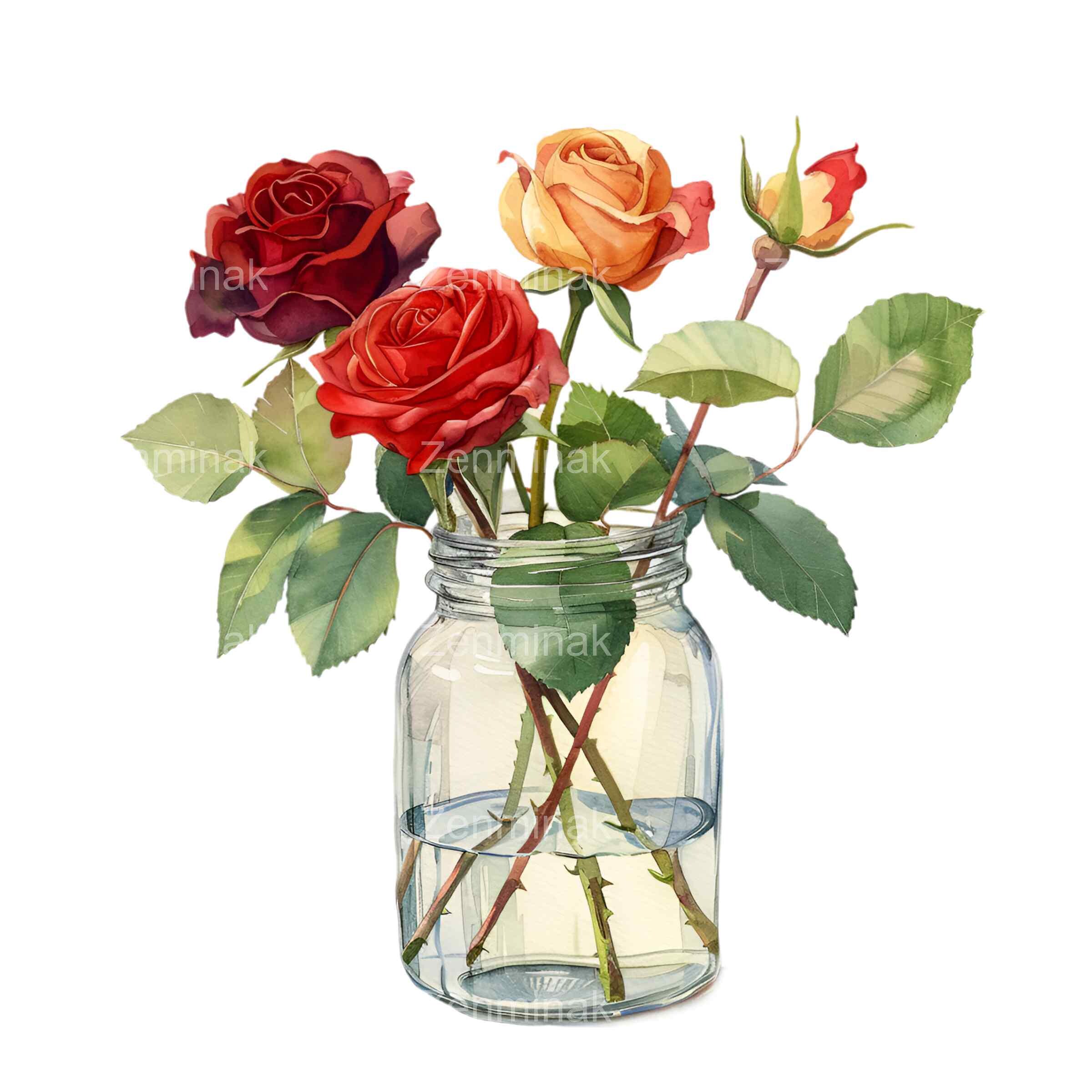 18 PNG Red, orange and yellow roses in glass jar PNG clipart with green leaves. Elegant floral artwork for creative designs