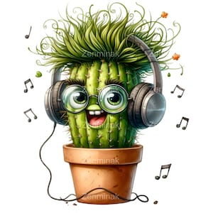 12 divertenti clipart PNG di cactus, carino cactus in vaso con cuffie, note musicali, occhiali e capelli pazzi
