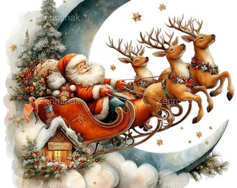 15 PNG Flying Santa PNG Clipart – Christmas Sleigh with Reindeer Digital Download for Stickers, Scrapbooking, Crafts and Sublimation