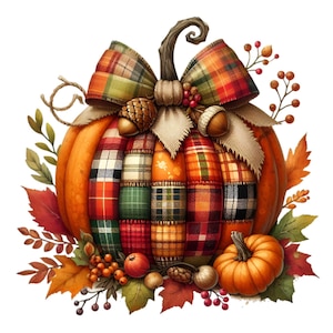 May include: A patchwork pumpkin with a plaid bow and autumn foliage. The pumpkin is decorated with a plaid pattern and has a burlap bow. The pumpkin is surrounded by autumn leaves and berries.