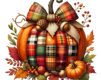 Puede incluir: Una calabaza de patchwork con un lazo de cuadros y follaje de otoño. La calabaza está decorada con un patrón de cuadros y tiene un lazo de arpillera. La calabaza está rodeada de hojas de otoño y bayas.
