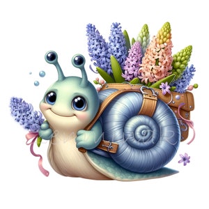 10 niedliche Schnecke mit Hyazinthen PNG Clipart, blauem Muschelgarteninsekt, das Blumen hält, Pastellfrühlings-Naturkunst, wunderliche Käfer-Illustration