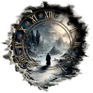 Op de afbeelding: Digitale kunstafbeelding met een klok met Romeinse cijfers en een gedetailleerde stadsgezichtscène. De klokkenframe is goudkleurig en de achtergrond toont een persoon die naar een piramide loopt. De afbeelding heeft een fantasiethema.