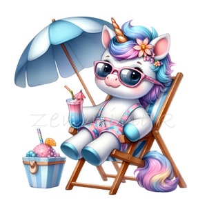 14 png-clipart zomereenhoorn – png-schattige eenhoorn met zonnebril, ijs en drankje op strandstoel – leuke kunst voor kinderprojecten