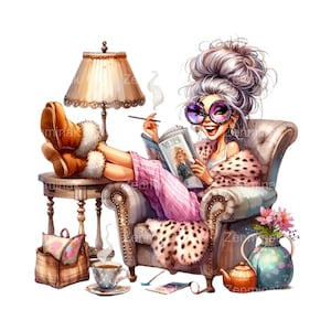 19 Mulher Idosa Relaxada PNG, Clipart de Senhora Elegante, Vovó Elegante com Ilustração de Chá, Clip Art de Vida Chique Divertida