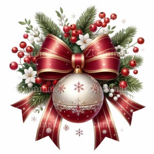 Elegante lazo navideño rojo con adornos y copos de nieve: 12 PNG de arte digital festivo para manualidades de temporada