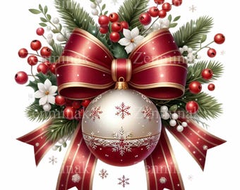 12 PNG Christmas Ornament, Red Bow Pine Holiday Bauble Clipart