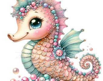 Seahorse Clipart, 15 PNG Watercolor Baby Sea Horse Clip Art Illustration, Nursery, Kindergarten, Kids Shirt, Card Making, Lovers Gift