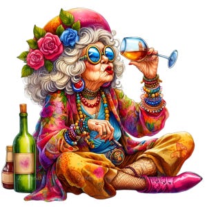 Van wijn nippende oma png-clipart, 10 excentrieke oudere vrouw met bloemenhoed en glas wijn, leuke oma-kunst