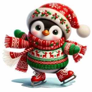 15 PNG Pinguino di Natale PNG – Simpatico pinguino pattinatore sul ghiaccio con maglione e cappello rossi, clipart invernale festivo per sublimazione e artigianato