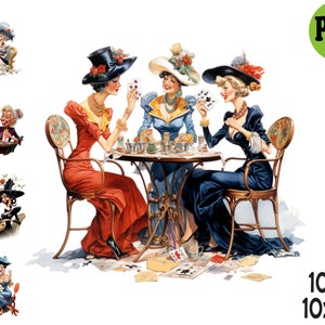 10 PNG Vintage ladies playing cards clipart – Elegant women PNG – Retro tea party digital art for game and social gathering decor