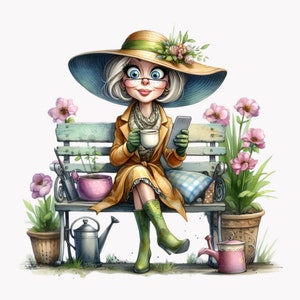 10 Elegante Signora PNG Clipart, Elegante Donna con Cappello con Caffè, Scena di Panchina da Giardino, Download di Arte Digitale Stravagante