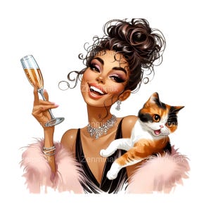 Elegante dame met kat en champagne PNG, 12 Celebration Woman-clipart, stijlvolle cartoonillustratie voor sublimatie
