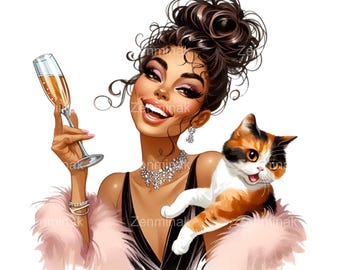 12 PNG Champagne Toast Woman Cat Illustration, Birthday Party Clipart