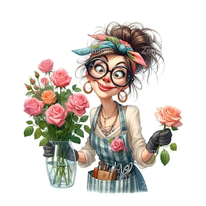 16 Clipart grand-mère fleuriste amusant PNG – Vieille dame décalée avec des roses et un tablier – Art hilarant de magasin de fleurs pour l'artisanat.