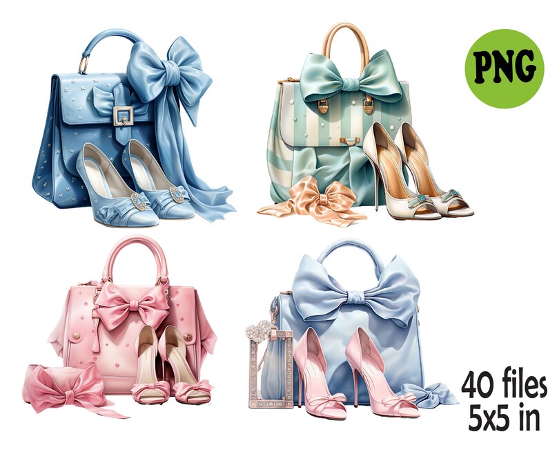 May include: Four different handbags with matching shoes. Each handbag has a large bow on the top. The handbags are blue, pink, light blue, and white with blue stripes. The shoes are all high heels with a pointed toe.
