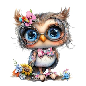 15 graziosi clipart PNG di gufo, gufo dagli occhi grandi con occhiali e fiocco, uccello floreale stravagante, download di arte digitale fantasy