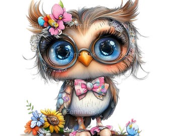 15 PNG Owl Clipart, Glasses Bird Watercolor Nursery Fantasy
