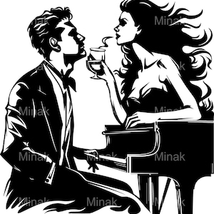 6 SVG Romantisches Paar am Klavier SVG-Schnitt-Datei, eleganter Mann und Frau mit Getränk-Silhouette, Liebe Clipart für Cricut und Handwerk