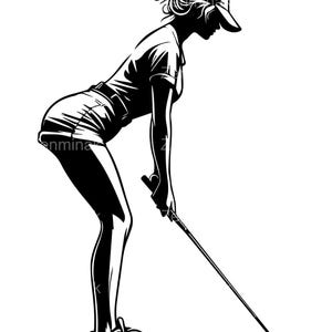 Archivo de corte SVG de golfista femenina - Clipart de silueta de 4 mujeres jugando al golf - Diseño digital elegante de swing de golf